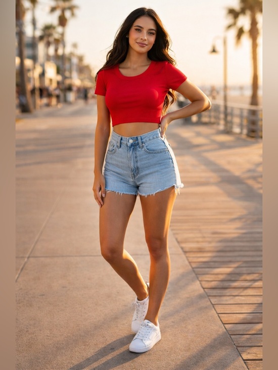 Zenana Outfitters Other - Zenana Red Ribbed Crop Top Short Sleeve Stretch Fitted Tee Women M